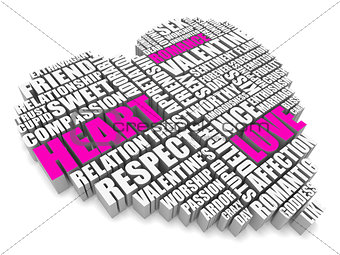 3d group of words shaping a heart with pink white text