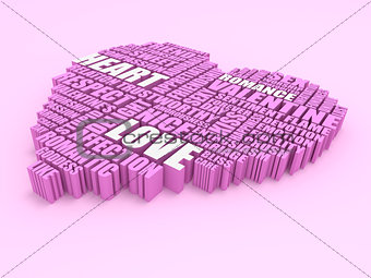 3d group of words shaping a heart on pink background