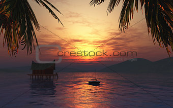3D render of a female sunbathing on a boat in a tropical landsca