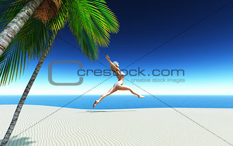 3D female in bikini jumping on a tropical beach