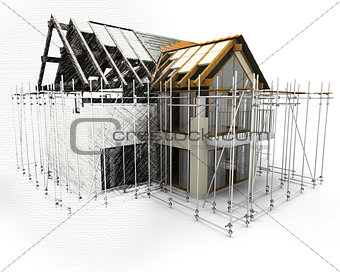 3D render of a house with scaffolding with half in sketch phase