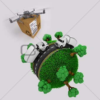 Quadcopter drone with parcel flying over grassy globe with truck
