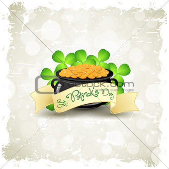 Grungy Patricks Day Card. Cauldron with Gold Coins