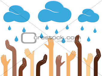 Multicolour Human Hands and Raining Clouds