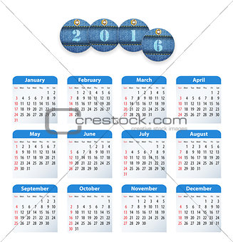 Blue English calendar for 2016 with circle cut jeans tags