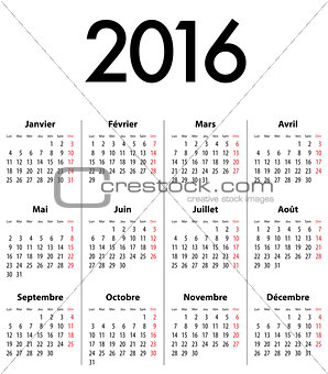 French Calendar grid for 2016. Mondays first