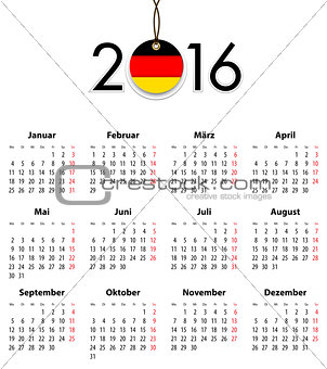 German Solid calendar for 2016 with flag like tag