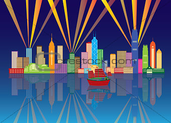 Hong Kong City Skyline Night Color Panorama Illustration