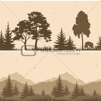 Seamless Mountain Landscape with Trees Silhouettes