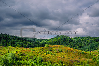 Dark clouds hanging over green nature