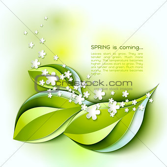 Spring abstract vector background. Green leaves and white flowers.