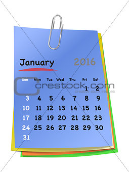 Calendar for january 2016 on colorful sticky notes