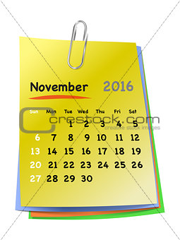 Calendar for november 2016 on colorful sticky notes
