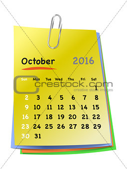 Calendar for october 2016 on colorful sticky notes