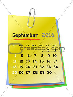 Calendar for september 2016 on colorful sticky notes