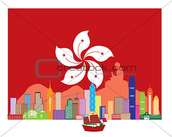 Hong Kong Skyline and Buddha Statue in HK Flag Illustration
