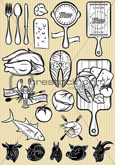 set of vector patterns of different types meat dishes for the menu