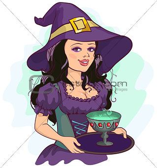 Beautiful girl witch holds potion cup on a tray