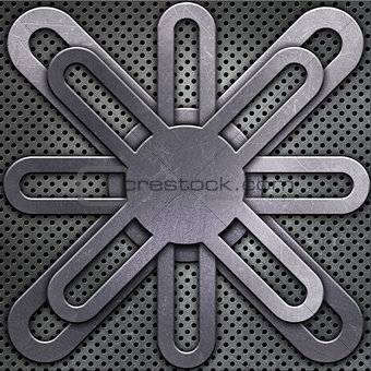 Abstract metallic design on perforated metal background
