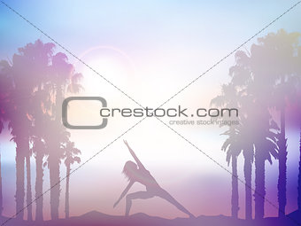 Female in yoga pose in summer palm tree landscape with retro eff