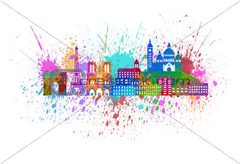 Paris City Skyline Paint Splatter Color Illustration