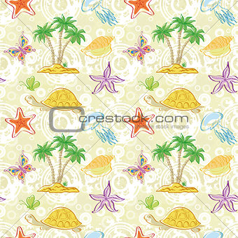 Seamless pattern, palm trees and sea animals