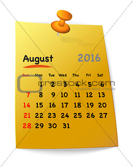 Calendar for august 2016 on orange sticky note