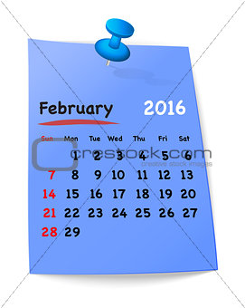 Calendar for february 2016 on blue sticky note