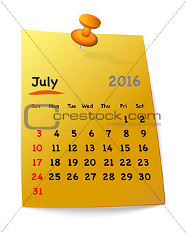Calendar for july 2016 on orange sticky note