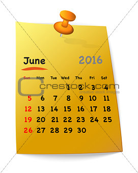 Calendar for june 2016 on orange sticky note