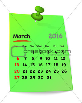 Calendar for march 2016 on green sticky note