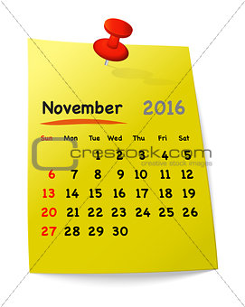 Calendar for november 2016 on yellow sticky note