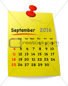 Calendar for september 2016 on yellow sticky note