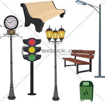 City objects- dustbin, lamppost,street hours, traffic light, bench