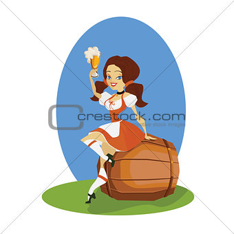 Beer girl in dirndl on keg with pretzel pinup