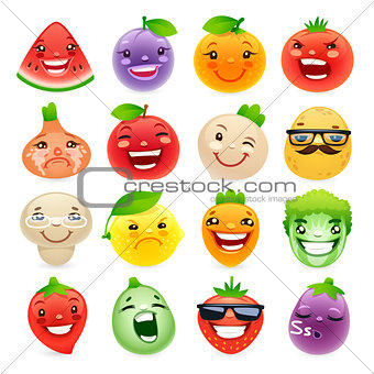 Funny Cartoon Fruits and Vegetables with Different Emotions