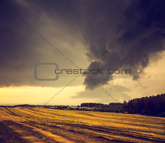 Dark Toned Landscape with Field and Gloomy Sky