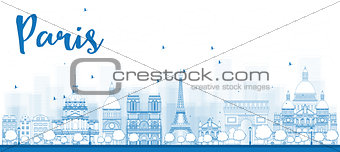 Outline Paris skyline with blue landmarks