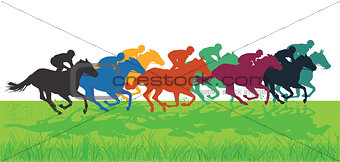 Galloping horses with jockeys