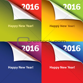 Colored stickers with bent corners. Happy New Year. Vector.