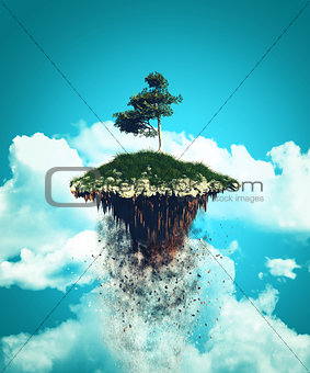 3D floating island exploding into the sky