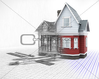 3D timber house on a grid with drawing instruments with half in 
