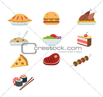 Various food icons set - fruit, vegetables, meat, corn. Vector illustration