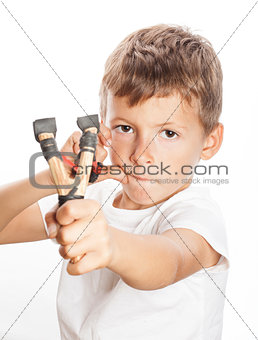 little cute angry boy with slingshot isolated