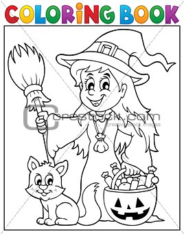Coloring book cute witch and cat
