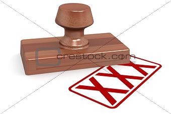 Wooden stamp xxx with red text