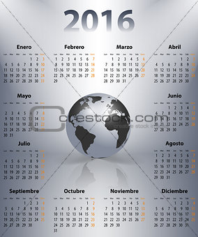 Calendar for 2016 year in Spanish with the world globe
