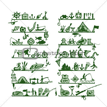 Shelves with fishing icons, sketch for your design