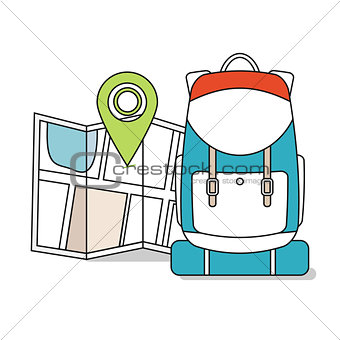 Travel Map with backpack.  Line Icons, Tourist, Sightseeing, Journey, Inspiration and Concept