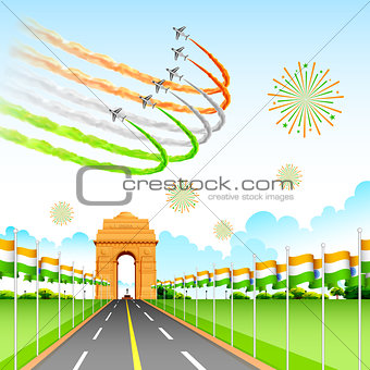 Airplane making Indian tricolor flag around India Gate